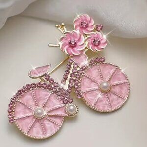 Antique Finish Rhinestone embellished Cute Pink Bike Bicycle Brooch Pin 2"